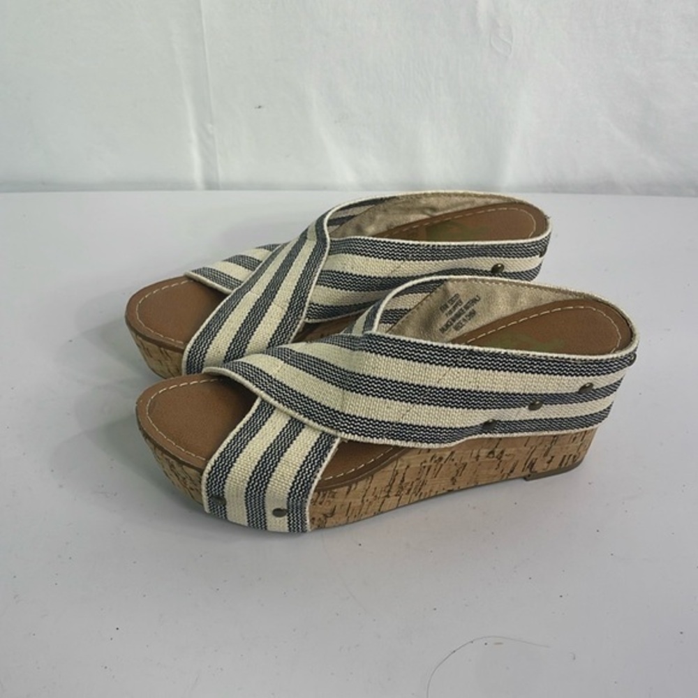 Crown Vintage cream and black cotton elastic crisscross strap, cork wedges